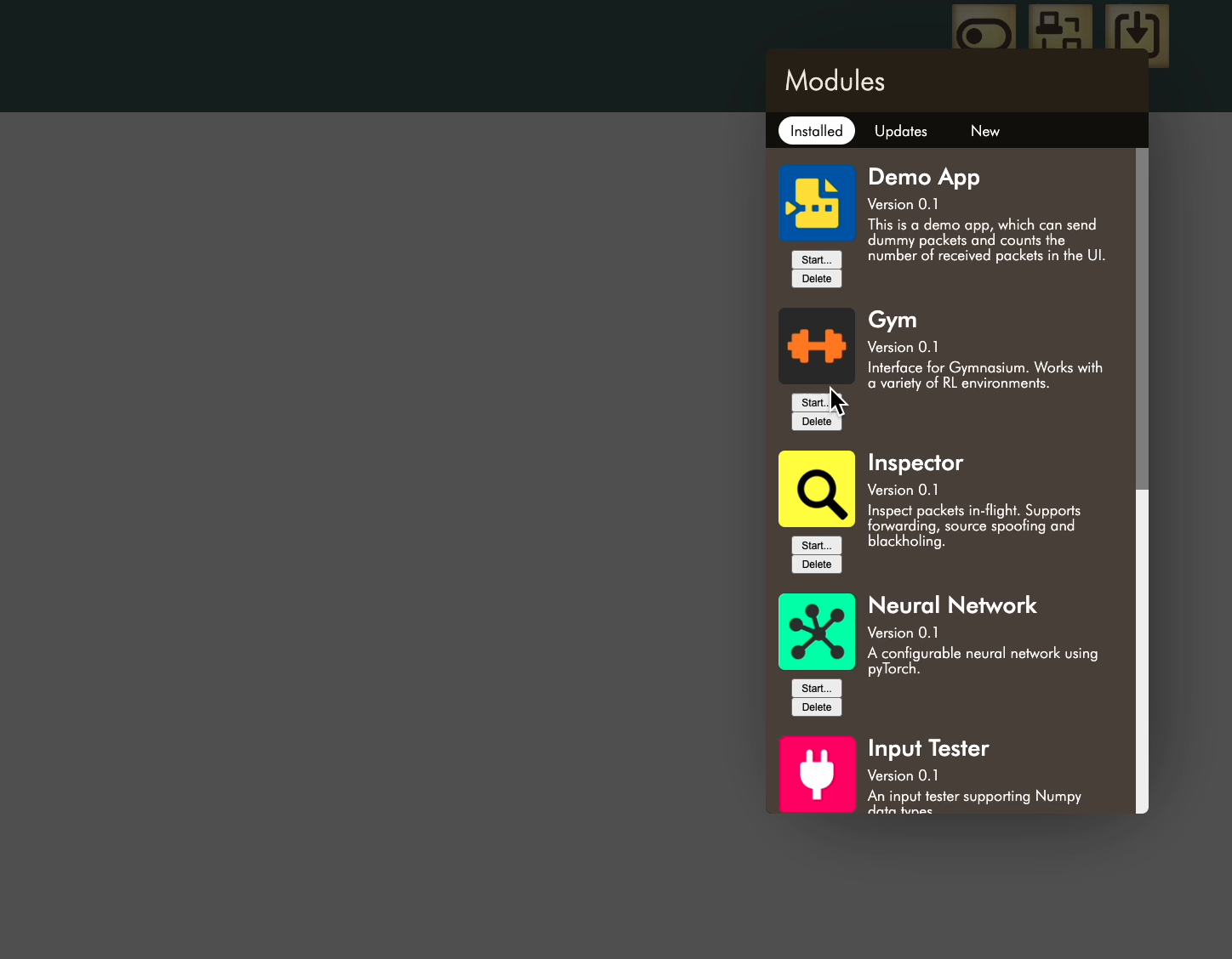 The on-device module manager listing installable units: Demo App, Gym, Inspector, Neural Network, and Input Tester
